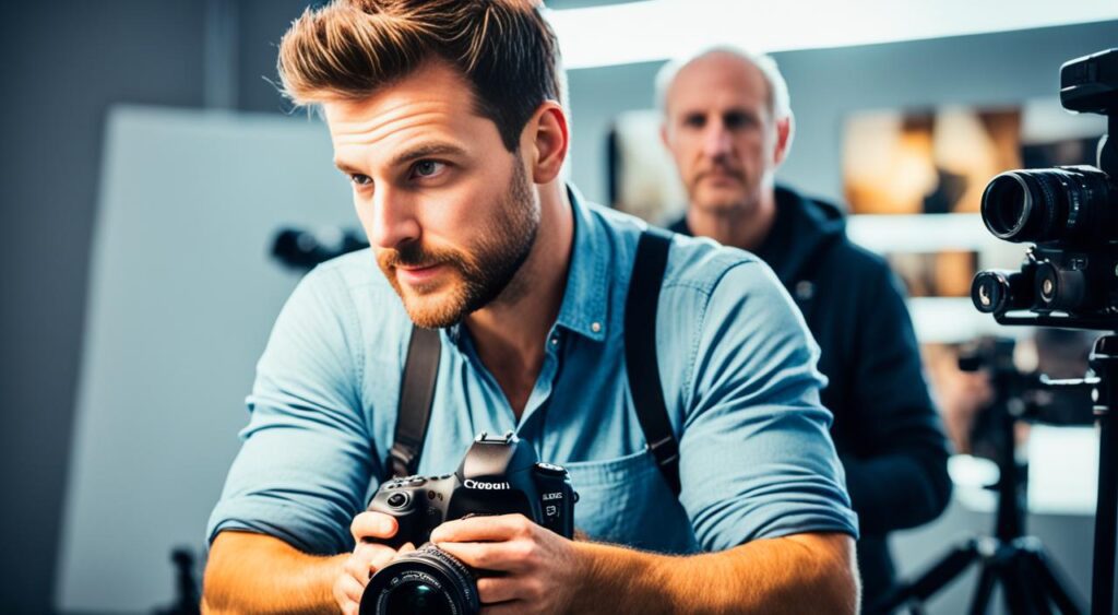 fotógrafo trabalhando em uma câmera